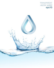 Transparent realistic vector  water splash and drop on blue background. Symbol of water in Impossible shapes and optical illusion. Ice shape. 