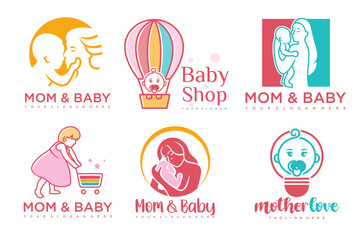 happy baby and mother icon set logo design.badges for children store & baby care center.illustration