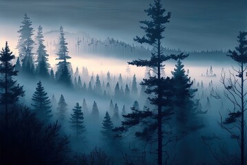 The pine forest in the twilight, with a thick layer of fog hovering over the treetops. Generative AI
