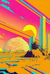 Pop art minimalism retro, futurism art, environmental art, space illustration, granular texture Generative AI	