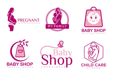 happy baby and mother icon set logo design.badges for children store & baby care center.illustration