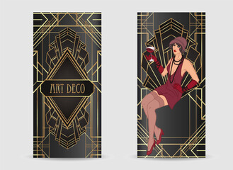 Flapper girl. Art deco 1920s style vintage invitation template design for drink list, bar menu, glamour event, thematic wedding, jazz party flyer. Vector art.
