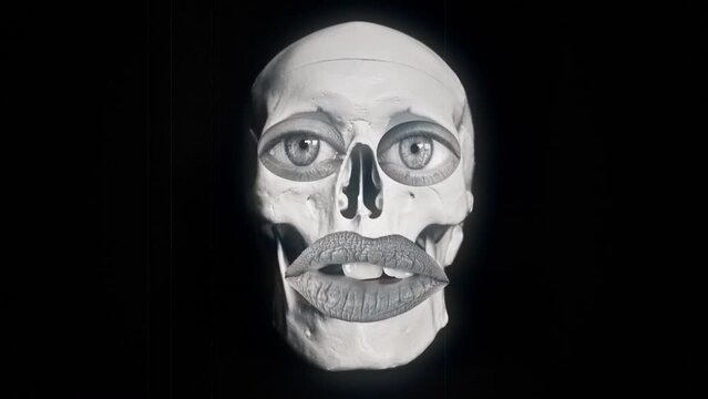 Talking Skull Funny Face Weird Eyes Skeleton. Funny skull face talking with a fake mouth and weird eyes. Black and White