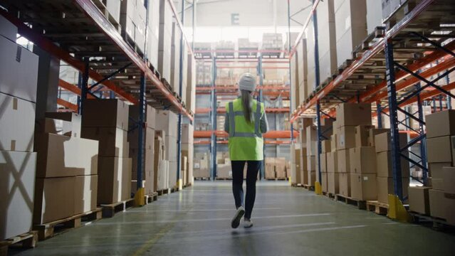 Professional Female Worker Wearing Hard Hat Checks Stock and Inventory, Walks in the Retail Warehouse full of Shelves with Cardboxes. Working in Logistics, Delivery Center. Following Back View