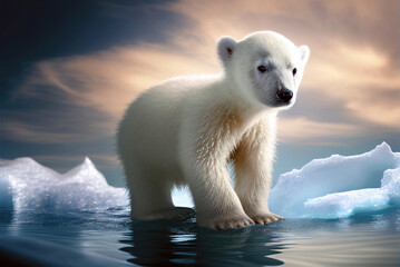 Polar bear cub on the ice. Melting ice and ocean water background, climate change. AI generative