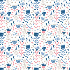 Seamless vector pattern with abstract cute delicate flowers and twigs in pastel colors on a white background. Floral ornament for textiles