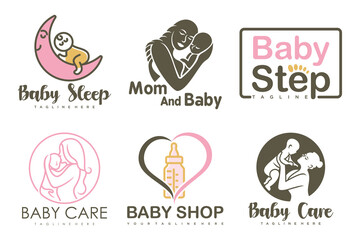 happy baby and mother icon set logo design.badges for children store & baby care center.illustration