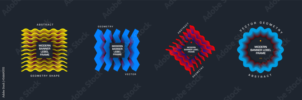 Poster vector banner template, modern geometric tag with zigzag shape, wavy elements in circle, square, rho
