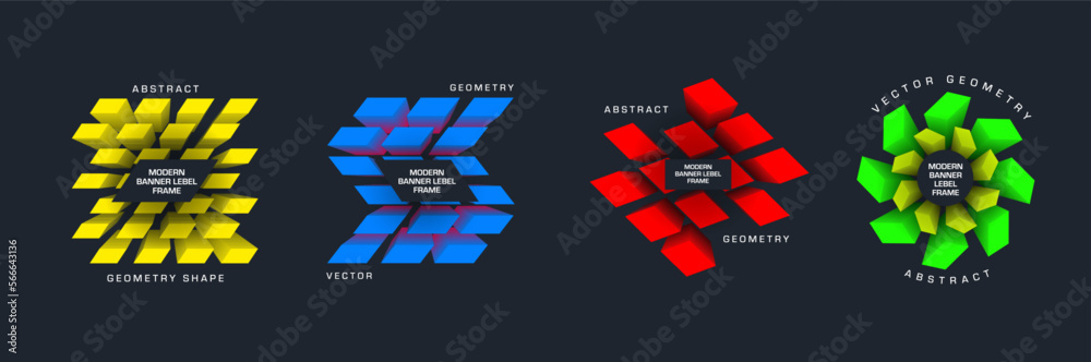 Poster vector banner template, gradient geometric tag with parallelogram in circle, square, rhombus, text i