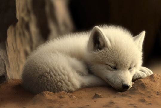White baby wolf. sleeiping. Arctic wolf cub on nature background. AI generative