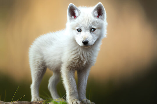 Portrait of a white baby wolf. Arctic wolf cub standing on brown background. AI generative