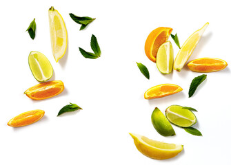 Sliced citrus fruits and mint leaves on a white background - 566643389