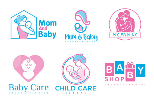 happy baby and mother icon set logo design.badges for children store & baby care center.illustration