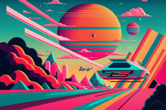 Pop art minimalism retro, futurism art, environmental art, space illustration, granular texture Generative AI	