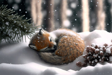 Obraz premium Red fox baby on snow close up. Vulpes vulpes cub in forest. AI generative