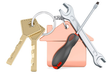 Home key with keychain with screwdriver and wrench, 3D rendering