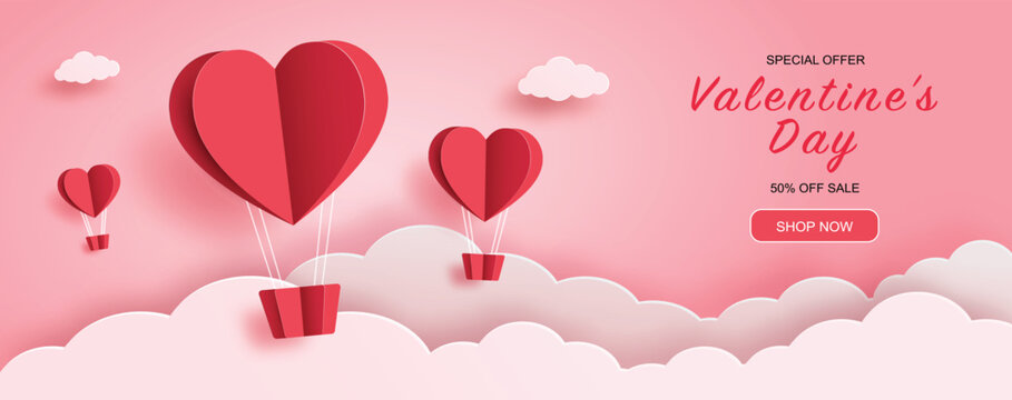 Valentine day sale background with paper red hearts balloon flying on the sky. Paper art style. Vector illustration. For valentines day, wallpaper, flyers, invitation, posters, brochure and banner.