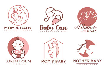 happy baby and mother icon set logo design.badges for children store & baby care center.illustration