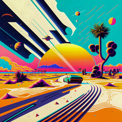 Pop art minimalism retro, futurism art, environmental art, space illustration, granular texture Generative AI	