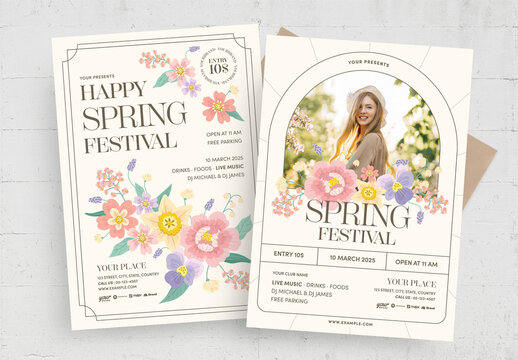 Spring Festival Flyer Poster Layout with Flower Illustrations
