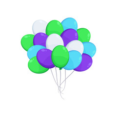 Flying green, blue, purple balloons vector illustration. Inflatable spheres, balloons for wedding, festival or carnival isolated on white background. Decoration, celebration concept