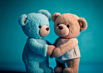 Two brown teddy bears, boy and girl hold hands together on a blue background, Valentine's day concept. Generative AI