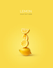 Creative layout made of lemon on the yellow background. Flat lay. Food concept. Macro concept. 