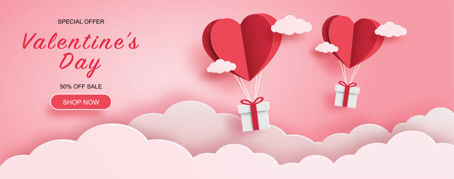 Valentine day sale background with gift boxes and red hearts balloon floating on the sky. Paper art style. Wallpaper, flyers, invitation, posters, brochure and banner. Vector illustration.