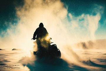 Obraz na płótnie Canvas Persona no reconocible utilizando una moto de nieve en un paisaje nevado. Imagen generada con AI