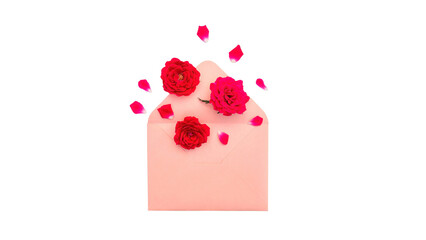 Red roses on a pink envelope on a white background.