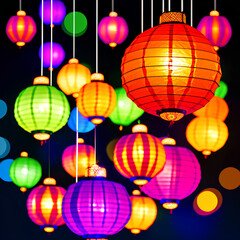Obraz premium Lantern Festival Design, bright and eye-catching design featuring iconic symbols of Lantern Festival, such as colorful lanterns, traditional foods, dragon dance, with modern and commercial twist. AI