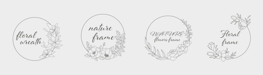 Hand drawn floral frames with flowers, branch and leaves. Vector illustration set