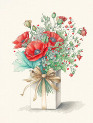 floral vintage pencil sketch of a small minimalist bouquet with red flowers and a gift box on craft paper