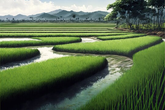 Rice Field Watercolor Generative AI