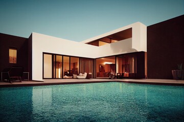 Fototapeta premium Luxury pool villa spectacular contemporary design digital art real estate , home, house and property, Generative AI illustration.