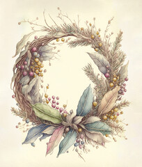 handdrawn wreath of dried flowers berries and leaves, illustration, gift card, pastel colors, winter, autumn, floral decor, herbs, decoration