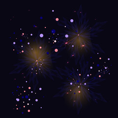 Star-shaped shapes, bright colored circles on a dark background.3d.