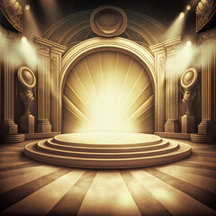amazing, pompous golden awards background stage with stairs, spotlights, round form, statues, golden decoration