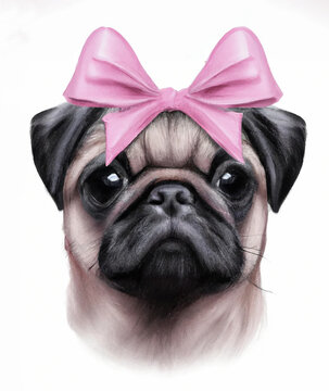 Portrait of cute pug dog with pink ribbon, digital painting made with generative AI.