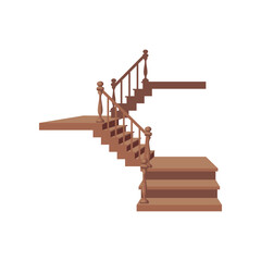 Side view of wooden staircase flat vector illustration. Vintage stairway for house hall isolated on white background. Home interior concept.