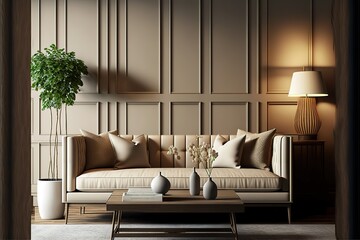 Interior design mock of luxury living room with elegant beige sofa, wood coffee table, and wooden rattan stylish accessories. wall paneling. Modern home decor. Template