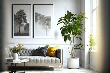 Bright and cozy modern living room interior have sofa and plant with white wall