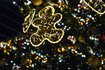 Beautiful christmas tree at night, christmas mood, illumination, decoration - obrazy, fototapety, plakaty
