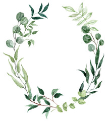 Leaf frame watercolor illustration. Greenery wreath with plant branches on transparent background. Floral invitation design.