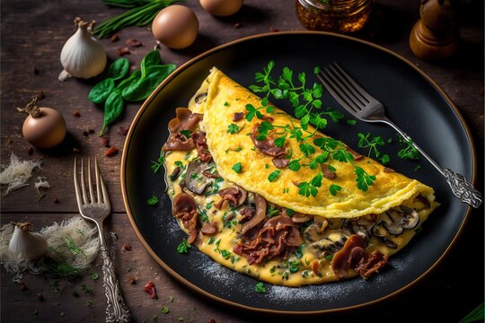  an omelet with mushrooms, mushrooms, and chives on a black plate with a fork and knife on a wooden table next to eggs.  generative ai