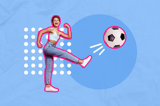 Composite collage picture of positive sporty girl leg kick football isolated on blue drawing background