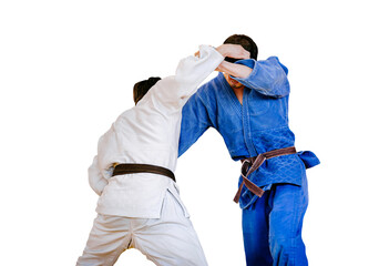 male judoists wrestling in judo competition