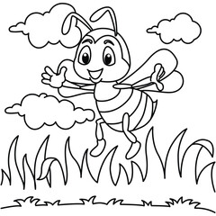 Funny bee cartoon characters vector illustration. For kids coloring book.