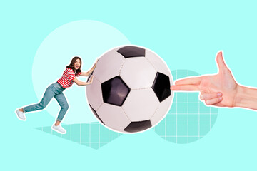 Creative magazine template collage of mini excited lady sportswoman push football playing world final cup match
