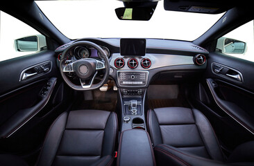 Inside moden car background, luxury car interior elements wallpaper. Black leather car interior. Inside car interior with transparent background png illustration